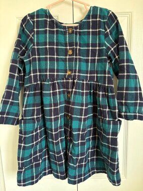 Hanna Andersson Button-Front Plaid Girls Dress in Teal & Navy size 5
